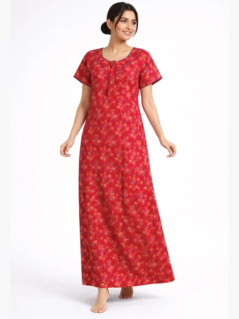 Women's Cotton Piping Nighty, Printed – Raspberry